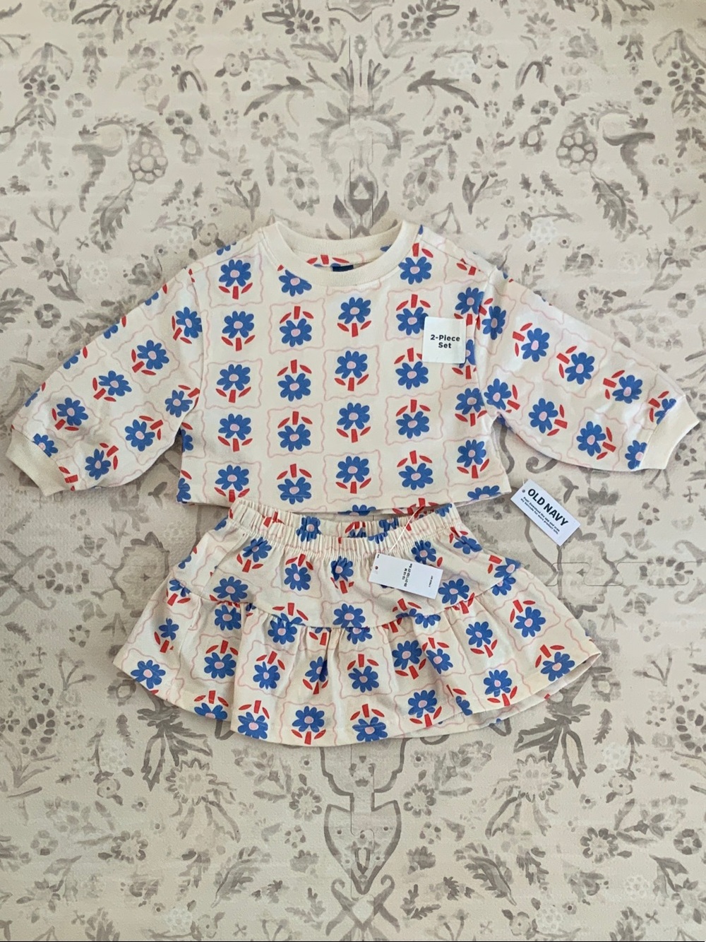 Old Navy Cream Floral Two-Piece Set with Blue & Red Print hints of pink